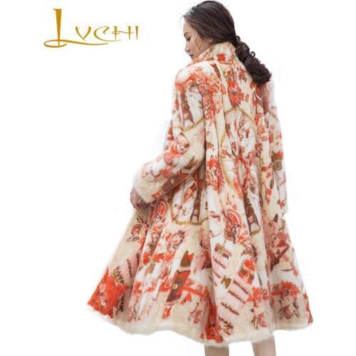LVCHI Winter 2017Import Real Mink Fur Coats Print Flower Womens Natural Fur Full Sleeve Print X-Long Mandarin Causal Mink Coats