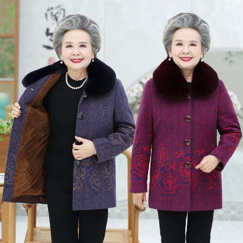 Women Winter Woolen Coat Middle-aged Womens Jacket 60-70-80 Mid-Long Single-Breasted Plus Velvet Thicken Warm Overcoat Grandma