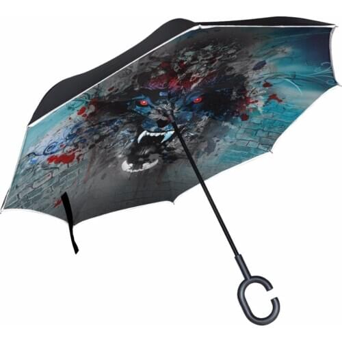 Illustration Of Angry Wolf Head On Colorful Abstract Windproof Reverse Umbrella Double Layer Inverted Umbrellas Rain Women