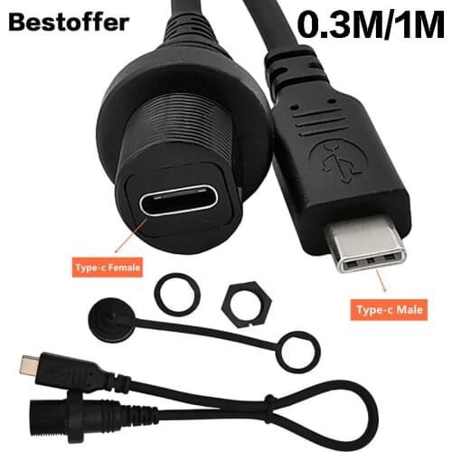 0.3 Meter / 1 Meter USB 3.1 Type-C Male to Female AUX Flush Panel Mount Extension Cable For Car Truck Boat Motorcycle Dashboard
