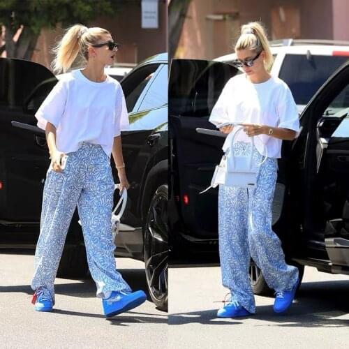 2020 Autumn Blue Flower Cotton Hemp High Waist Straight Tube Wide Leg Pants Casual Pants Women J2