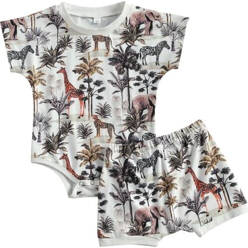 2021 0-3Y Casual Kids Baby Boy Clothing Outfit Set Short Sleeve Animal Print Romper+Shorts Set Loose Cotton 2pcs for Children