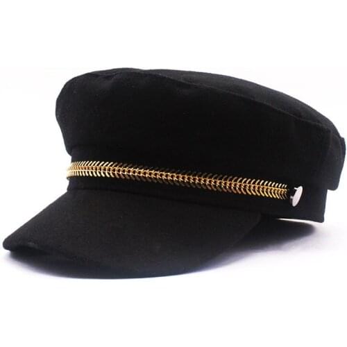 Winter Chain Black Wool Military Berets For Women Female Flat Army Cap Salior Hat Girl Travel Berets Ladies Painters Cap