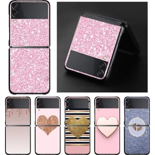 Black Phone Case For Samsung Galaxy Z Flip3 5G Z Flip Hard PC Cover Smartphone Rose Pink Pattern Bling