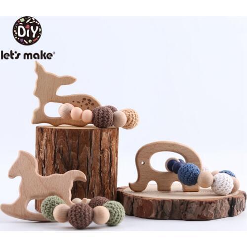 LetS Make Wood Teether Baby Teething Bracelet 1Pc Food Grade Beech Sika Deer Crochet Beads Diy Jewelry Teething Accessories Toy