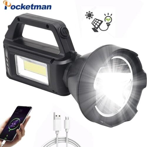 USB/Solar Charging Flashlight Built in Battery 500m Long Range Portable Spotlight Outdoor Searchlight Power Bank Camping Light