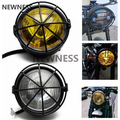 Retro Motorcycle Side Mount Headlight Metal Grid 35W 12V Halogen Front Headlight Head Lamp Brackets 6.5" For Honda Kawasaki