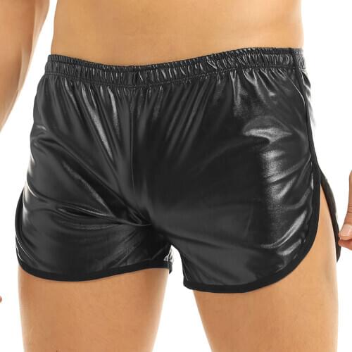 Mens Lingerie Wet Look Faux Leather Sport Hot Boxer Shorts Exotic Pants with a Back Pocket Gay Men Nightclub Pole Dance Shorts