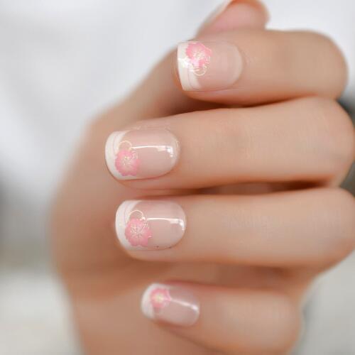 Pink Flowers Natural Nude White French False Fake Nails Press on Shimmer Glitter Short Nails Art Tips Daily Finger Wear Manicure