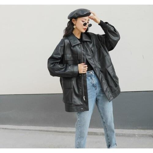 2021 New Women Leather Clothing Loose Large Size PU Leather Jacket Female Spring Autumn Coats Retro Ladies Long Sleeve Coat