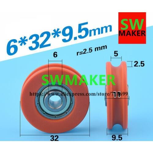 SWMAKER 6*32*9.5-5mm U type plastic nylon package pulley with bearing 625 for flat Flat roller wheel