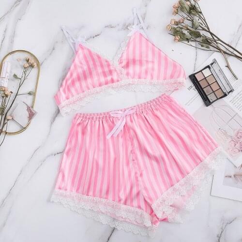 Silk Pajamas Sexy Satin Lingerie Set Summer Stripe Lace Shorts Set Women Underwear Sleepwear S-XXL Transparent Party Set