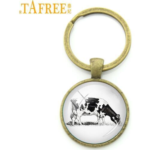 TAFREE Dairy Cow Key Chain Ring Holder Glass Cabochon Dome Simple Style Keychain Fashion Metal Vintage 2017 New Jewelry KC355
