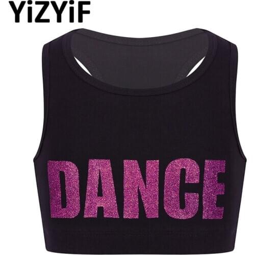YiZYiF Girls Crop top Sports Dance class cheerleading Tanks Sleeveless Racer Back Shiny Letters DANCE Printed Crop Top Ballet