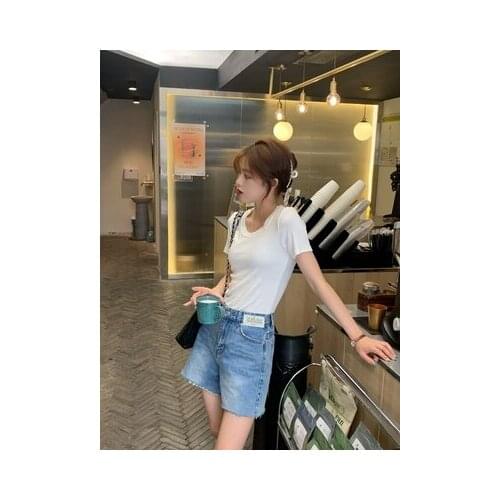 Short sleeve womens design sense slim slimming T-shirt vest short U-shaped round neck