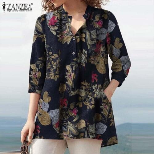 Floral Printed Blouse Oversized Women Casual V Neck 3/4 Sleeve Shirt ZANZEA Retro Maxi Cotton Tops Bohemian Work Female Blusas