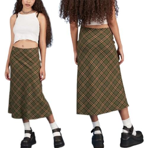 Hirigin Women Casual Long Skirt Dark Green Plaid Printed Pattern Close-fitting Dress XS/ S/ M/ L/ XL 2021 New Skirts Dresses