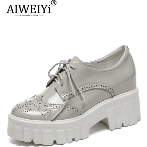 AIWEIYi British Style Brock Shoes Women Patent Leather 2021 New Thick High Heels Leather Shoes Lace Up Platform Pumps Casual