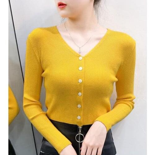 Sweater Femme V-Neck Women Sweater Button Cardigan Knitted Long Sleeve Woman Slim Thin 2021 Autumn Korean Fashion Female Clothes