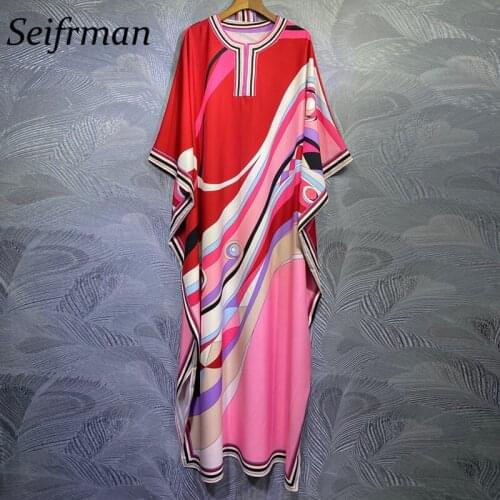 Seifrmann Women Summer Fashion Runway Holiday Maxi Dress Batwing Sleeve Colorblock Printed Ladies Loose Long Dresses vestidos