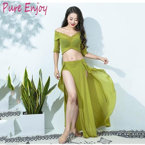 2019 Women Cheap Class Wear Off-shoulder Top and Long Skirt Side Slit Belly Dance Costume Set for Girls (with shorts)