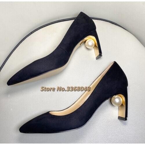 2020 New Arrivals Pearls Decor Pumps Slip On Sexy Pointed Toe High Heel Strange Style Women Black Shoes Suede Dress High Heels