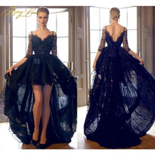 Berylove Black Prom Dresses High/Low Applique Lace Tulle Party Dress Elegant Sexy V Neck Evening Dresses Long Train vestidos de