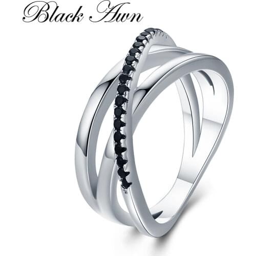 [BLACK AWN] Vintage 3.9g 925 Sterling Silver Fine Jewelry Bague Row Black Spinel Wedding Rings for Women G006
