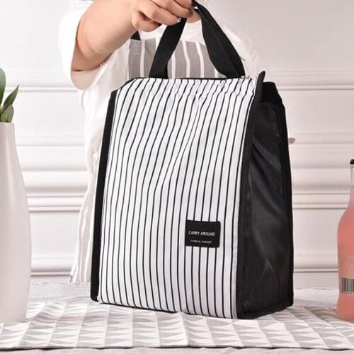 Black White Stripes Portable Thermal Lunch Bags for Women Kids Men Food Picnic Cooler Box Insulated Tote Bag Storage Container