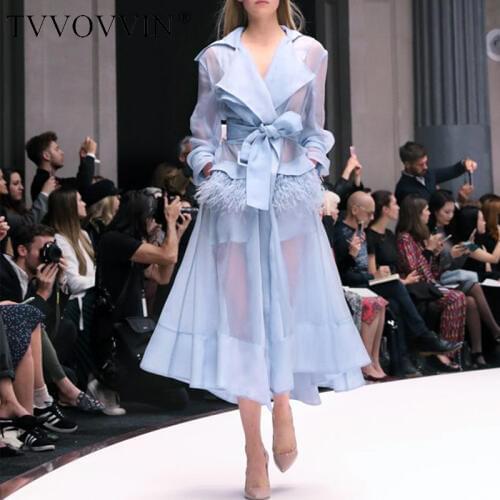 TVVOVVIN Waist Temperament Ostrich Feather Overknee Perspective Windbreaker Loose Coat 2020 Early Autumn Build long jacket ZX041