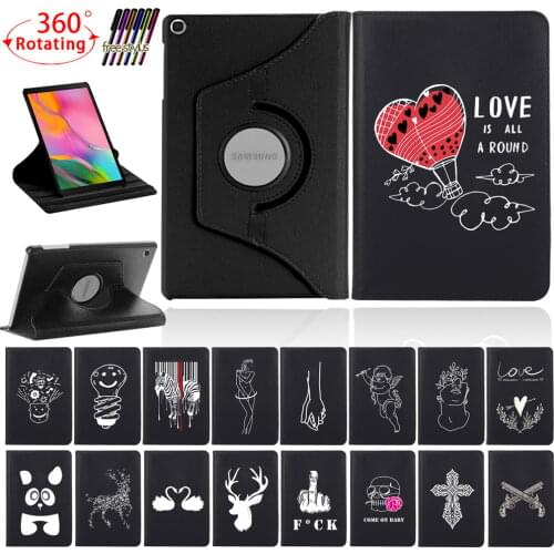 360 Degree Rotating Tablet Case for Samsung Galaxy Tab A 10.1 2019/T510/T515/Tab S6 Lite/p610 PU Leather Stand Print Pattern+Pen