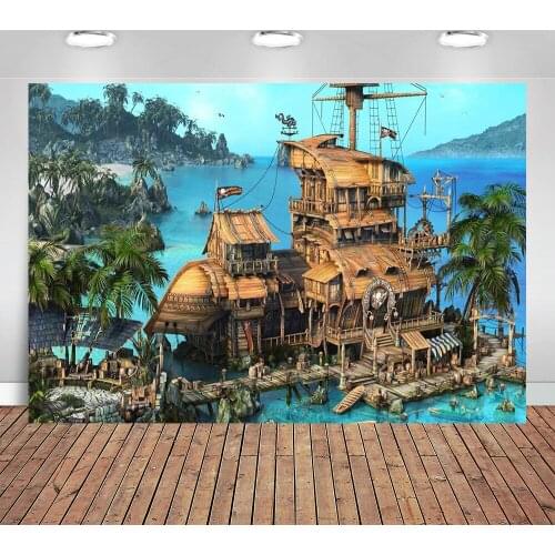 Caribbean Pirates Ship Photography Backdrops Kids Birthday Theme Party Photo Booth Background Studio Props Computer Printed