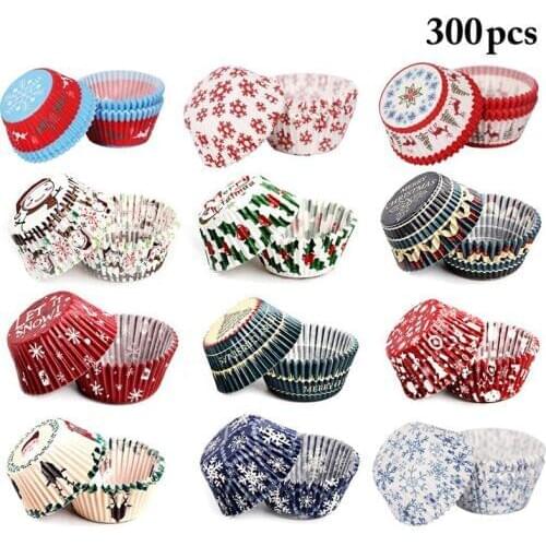 300PCS Christmas Cupcake Wrapper Cartoon Printing Cake Cup Cute Assorted Cupcake Liner Party Supplies DIY Cake Accessories