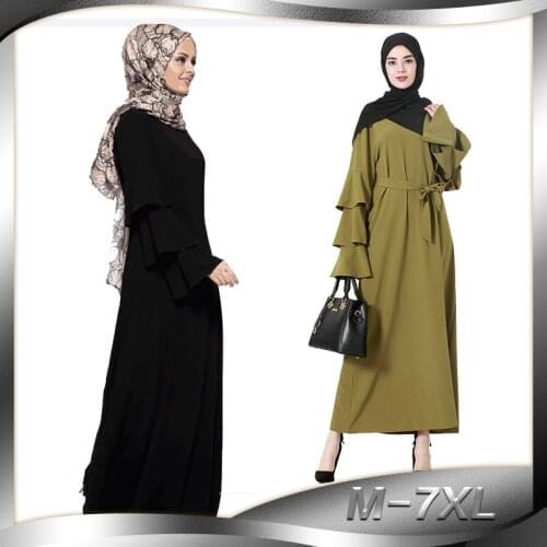 Kaftan Dubai Arab Women Tie Waist Causul Trendy Round Neck Multi-layer Pile Long Sleeve Long Dress Women Muslim Clothes