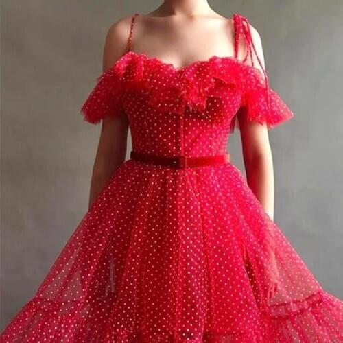 Red A-line Evening Dresses 2020 Dot Sweetheart Tulle Formal Dress Boho Ruffles Prom Party Gowns vestidos robe soiree LE40791