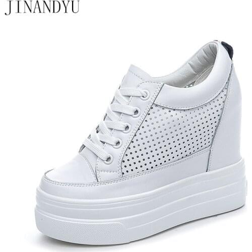 Hollow Out Genuine Leather Casual Shoes Women Wedge Heels White Black Sneakers Women Platform Heel Shoes Breathable Sneakers