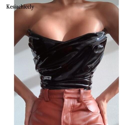 Kesiachiccly Summer Leather Corset Top Stretch Zipper Strapless Ruched Crop Top Black Bustier Women Party Sexy Club Outfits 2021