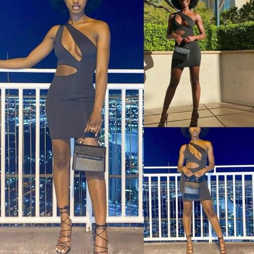 2021 Fashion Women Close-fitting Sexy Dress Black Solid Color Sleeveless Off-the-shoulder Hollow