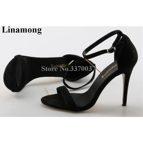 Linamong Fashion Black Suede Leather One Strap Thin Heel Sandals Ankle Strap High Heel Sandals Classical Style Dress Shoes