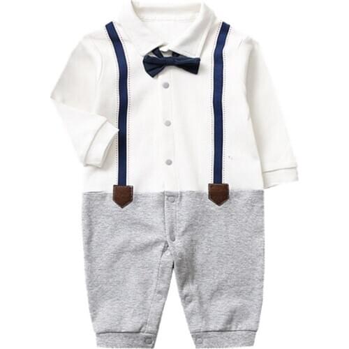 0-24 Month Baby Boy Formal Dress Infant Cotton Gentleman Bow-tie One Piece Bodysuits Button Front Open Fake Stap Overalls