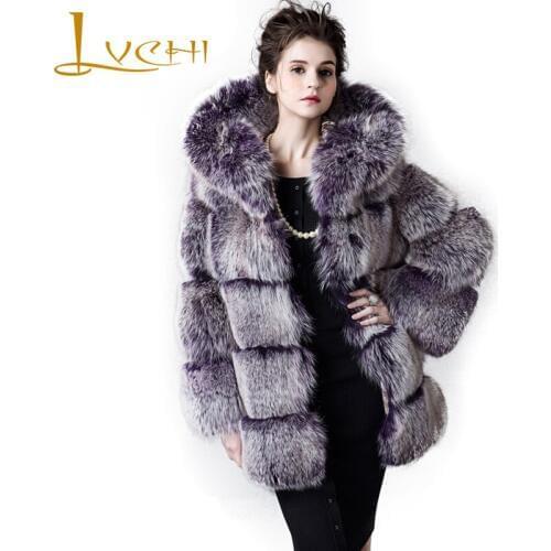 LVCHI Thick warm winter new hooded fox coat,2019 Medium soft purple real fox fur coats,high quality Customizable fur jacket 6XL