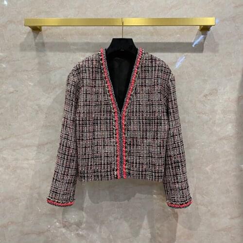 New Designer Womens High quality 100% Silk Lining V-neck Chain Tweed coat C767