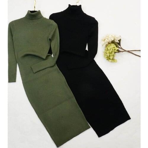 New Autumn Winter Women Knitted Dress Turtleneck Sweater Dresses Lady Slim Bodycon Long Sleeve Bottoming Dress Vestidos PP003