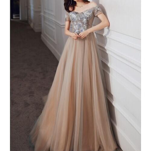 Eye Catching Evening Dresses Strapless Short Sleeves Lace-up Back Sweep Train Prom Gowns