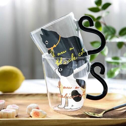Transparent Glass Cute Cat Animal Glass Mug Cat Tail Shaped Handle Tea Milk Juice Cup Children Lover Couples Christmas Gifts