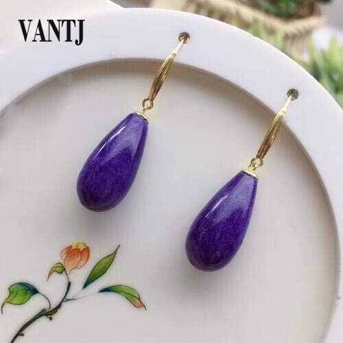 VANTJ Real Natural Charoite Earring Sterling 18K Yellow Gold Drop Water Pear Cut Fine Jewelry for Women Lady Party Wedding Gift