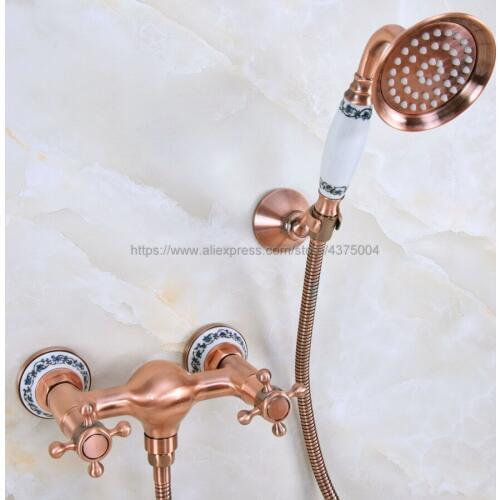 Bath Faucets Antique Red Copper Wall Mounted Bathroom Basin Mixer Tap With Hand Shower Head Bath & Shower Faucet Nna293