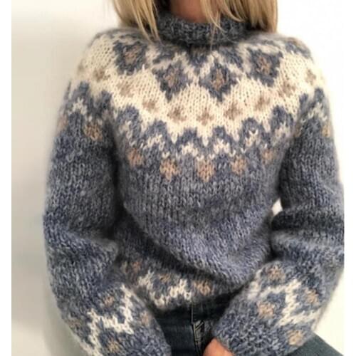 Sweater Women Turtleneck Knitted Sweater Jacquard Weave Long Sleeve Jumper Warm Pullover