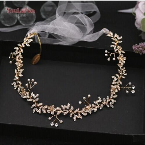 TOPQUEEN Gold Bridal Crown Bridal Headband with Ribbon Gold Rhinestone Bridal Headband Forehead Golden Wedding Headpiece HP89