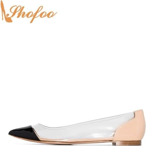 Black Nude Patent Leather Round Toe Clear Flats Woman Slip On Large Size 11 16 Ladies Summer Formal Fashion Party Shoes Shofoo